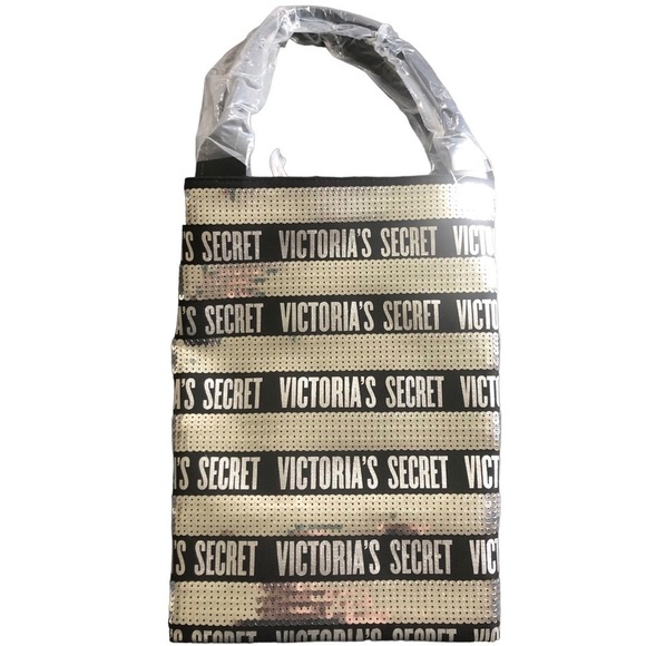 Victoria’s Secret Silver Sequin Signature Weekender Tote Bag Solid Black Bling - Picture 2 of 5